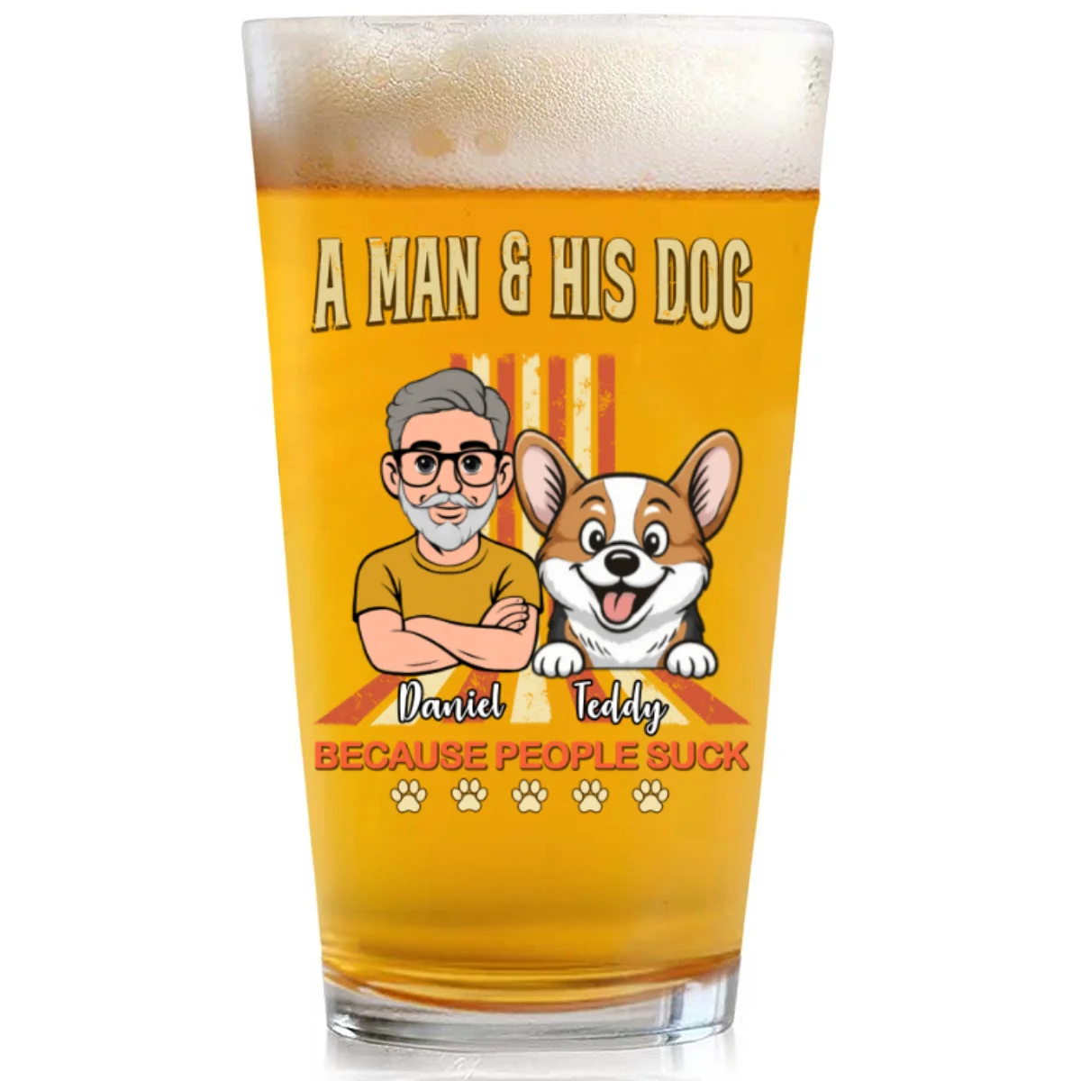 A Man And His Retro Dog - Personalized Custom Beer Glass - Image 5
