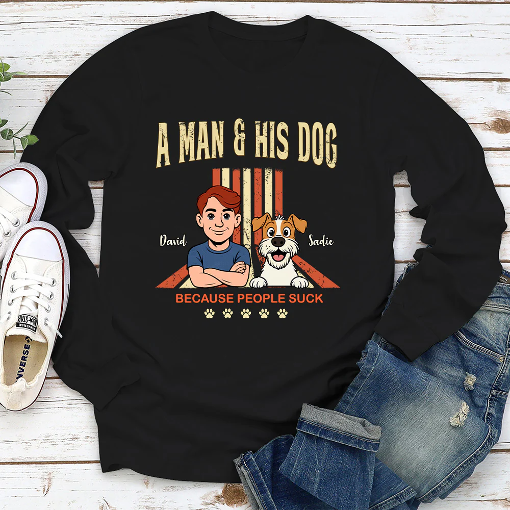 A Man And His Retro Dog - Personalized Custom Long Sleeve T-shirt - Image 2