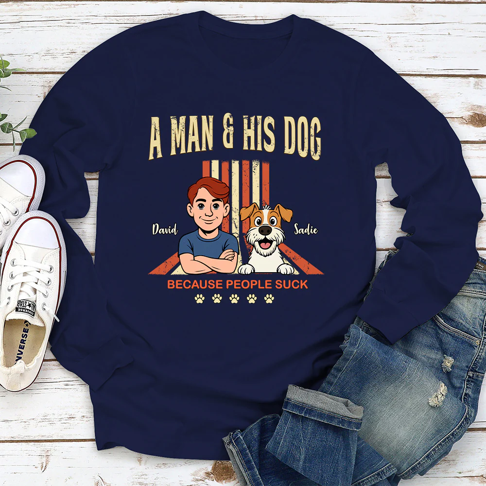 A Man And His Retro Dog - Personalized Custom Long Sleeve T-shirt - Image 3