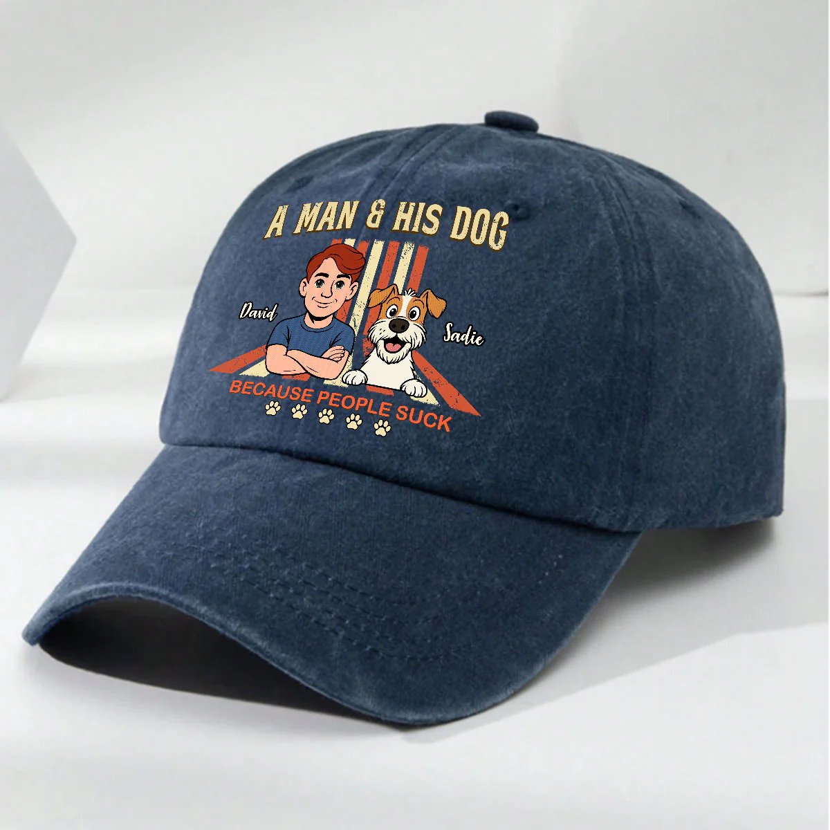 A Man And His Retro Dog - Personalized Custom Vintage Washed Denim Cap - Image 2