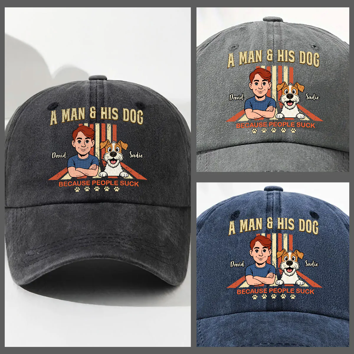 A Man And His Retro Dog - Personalized Custom Vintage Washed Denim Cap - Image 3