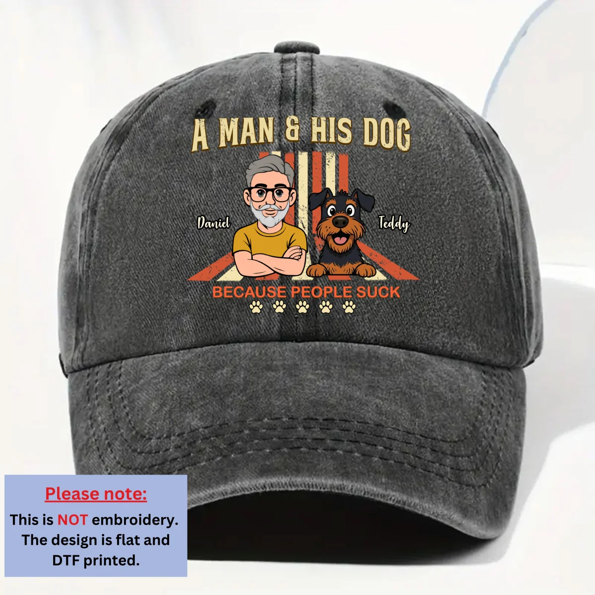 A Man And His Retro Dog - Personalized Custom Vintage Washed Denim Cap - Image 7
