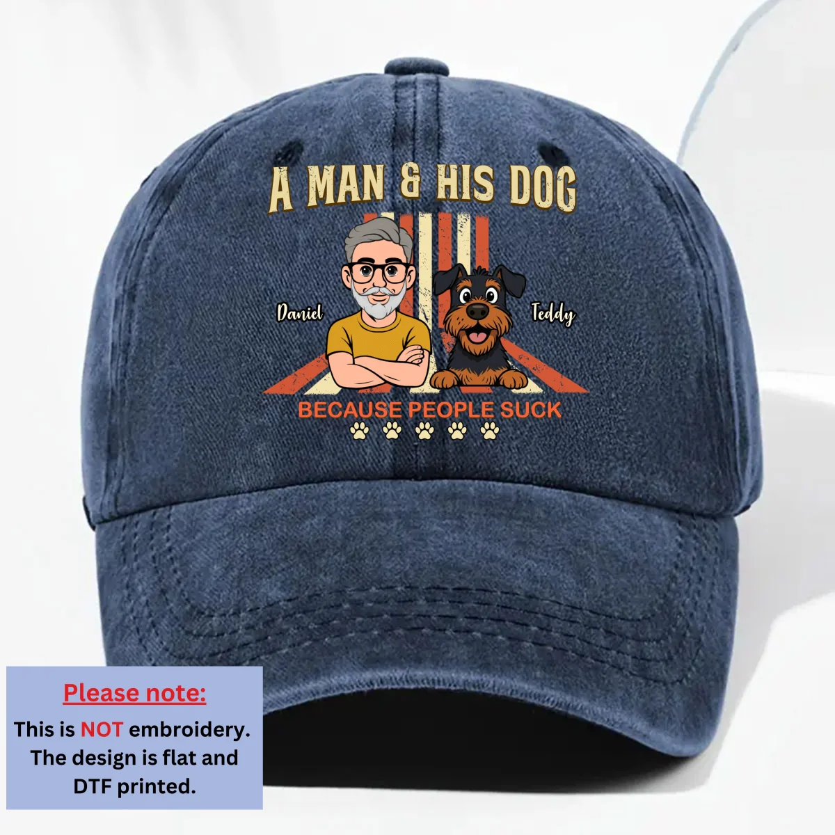 A Man And His Retro Dog - Personalized Custom Vintage Washed Denim Cap - Image 9