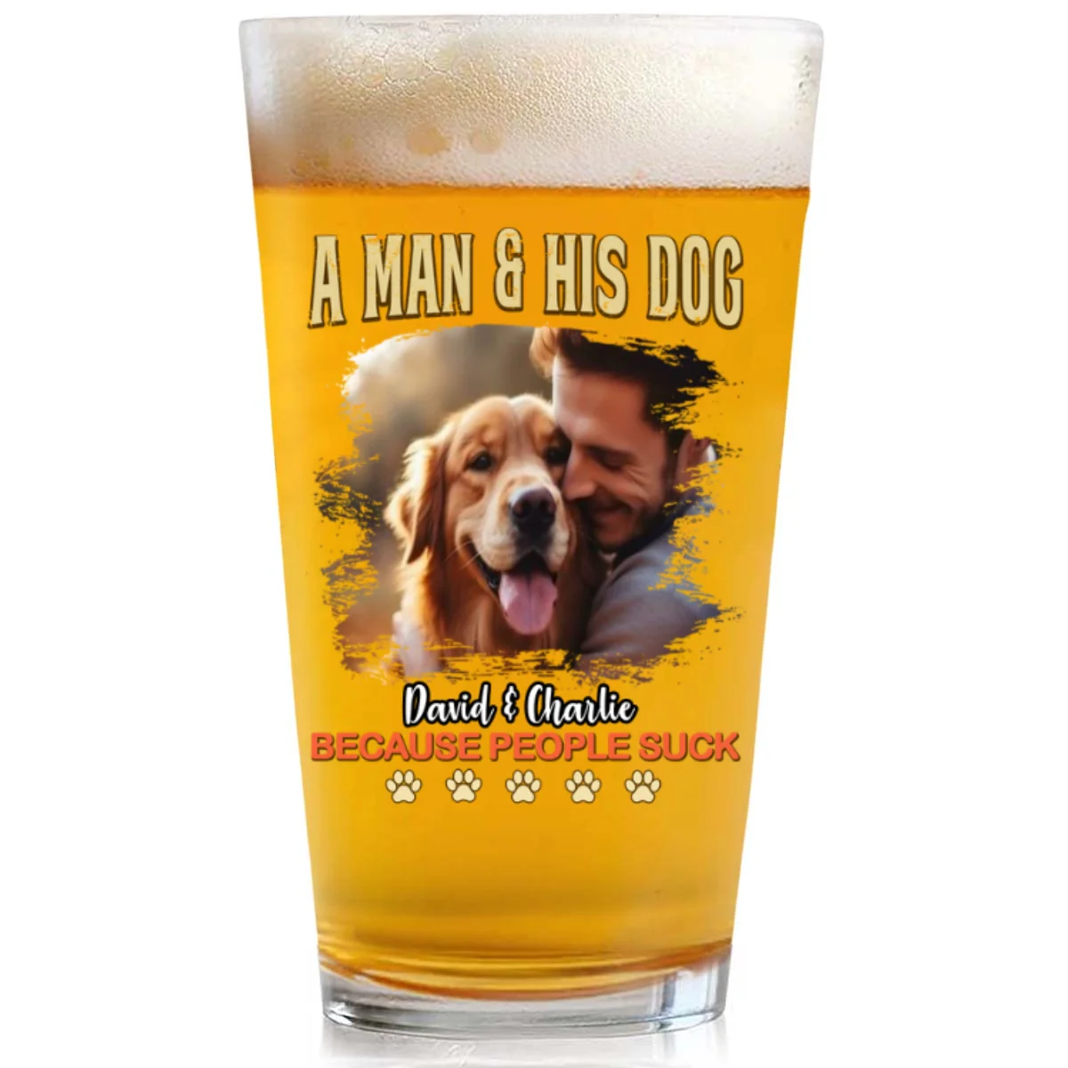A Man And His Retro Dog Photo - Personalized Custom Beer Glass - Image 3