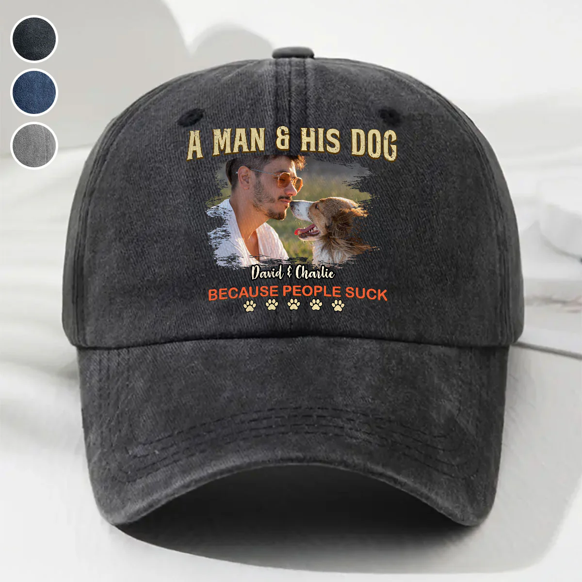 A Man And His Retro Dog Photo - Personalized Custom Vintage Washed Denim Cap