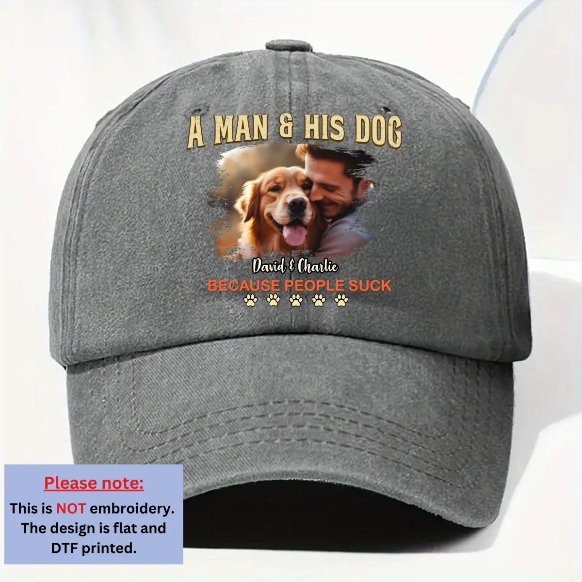 A Man And His Retro Dog Photo - Personalized Custom Vintage Washed Denim Cap - Image 4