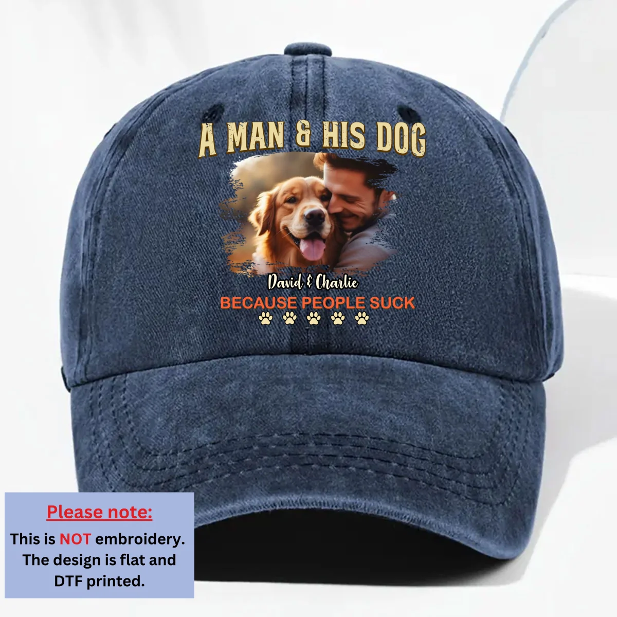 A Man And His Retro Dog Photo - Personalized Custom Vintage Washed Denim Cap - Image 5