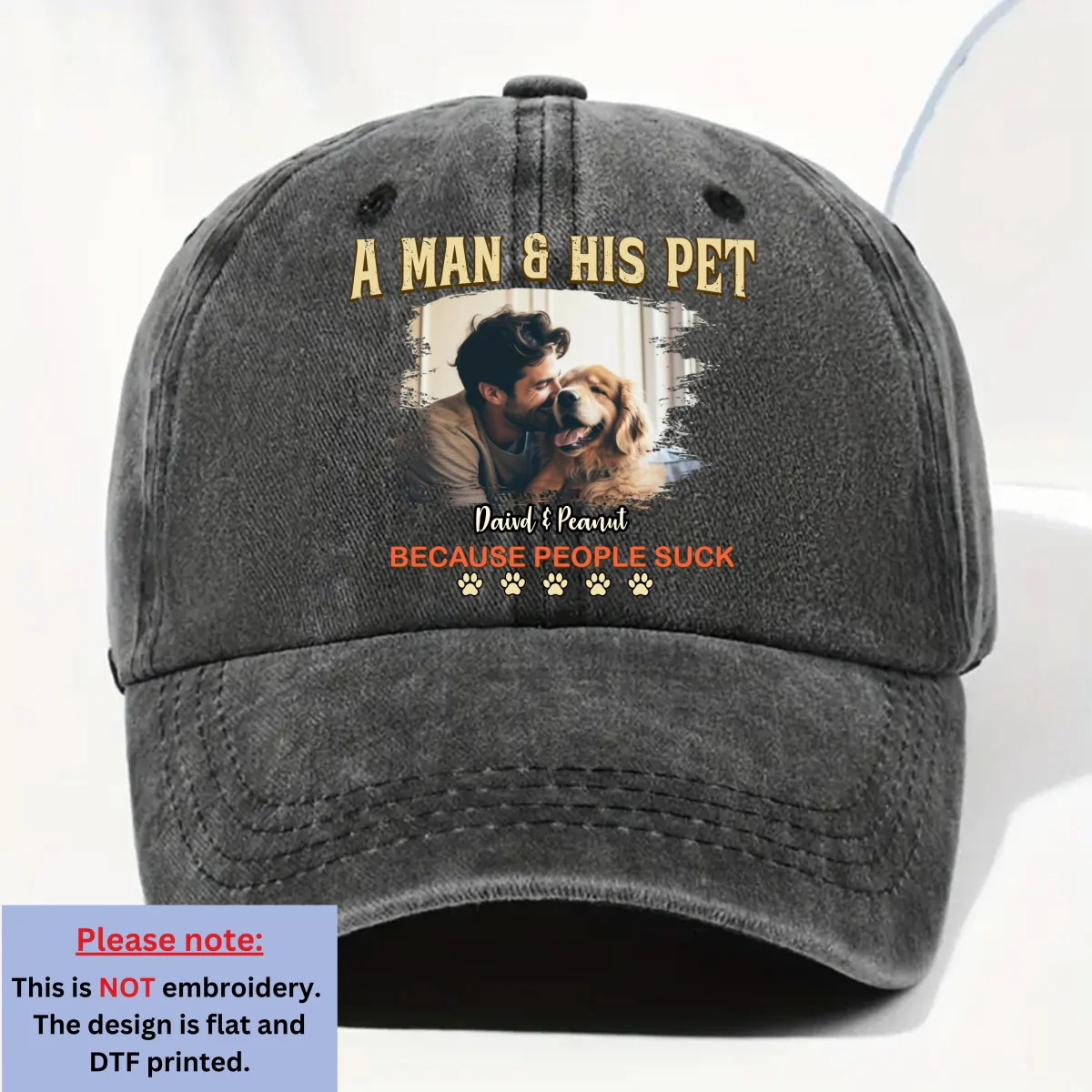 A Man And His Retro Pet Photo - Personalized Custom Vintage Washed Denim Cap - Image 3