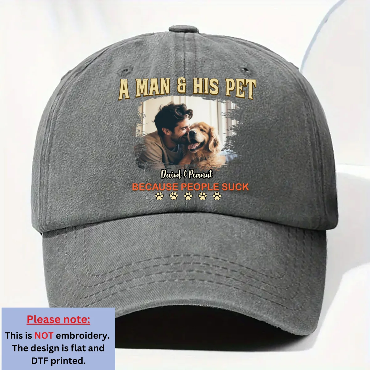 A Man And His Retro Pet Photo - Personalized Custom Vintage Washed Denim Cap - Image 4