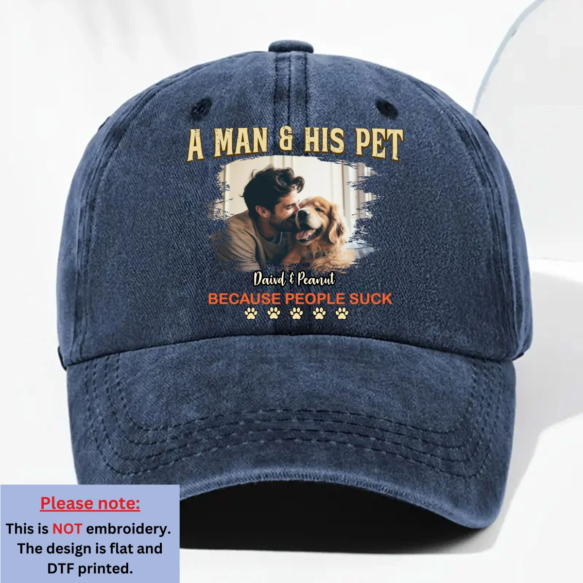 A Man And His Retro Pet Photo - Personalized Custom Vintage Washed Denim Cap - Image 5