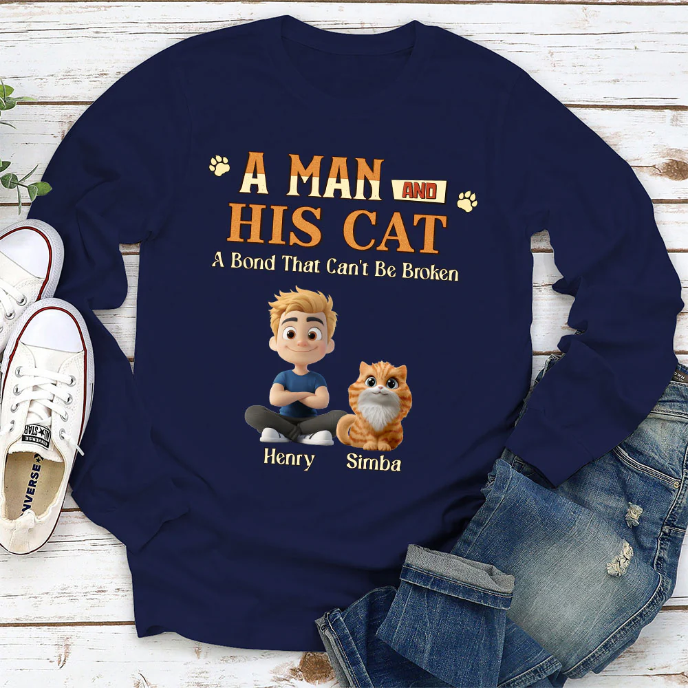 A Man With His Cat - Personalized Custom Long Sleeve T-shirt - Image 2