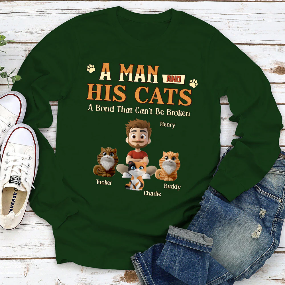 A Man With His Cat - Personalized Custom Long Sleeve T-shirt - Image 3