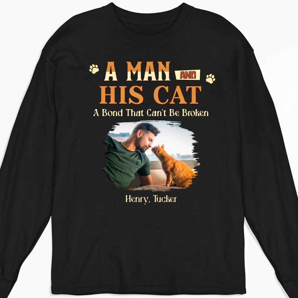 A Man With His Cat Photo - Personalized Custom Long Sleeve T-shirt - Image 3