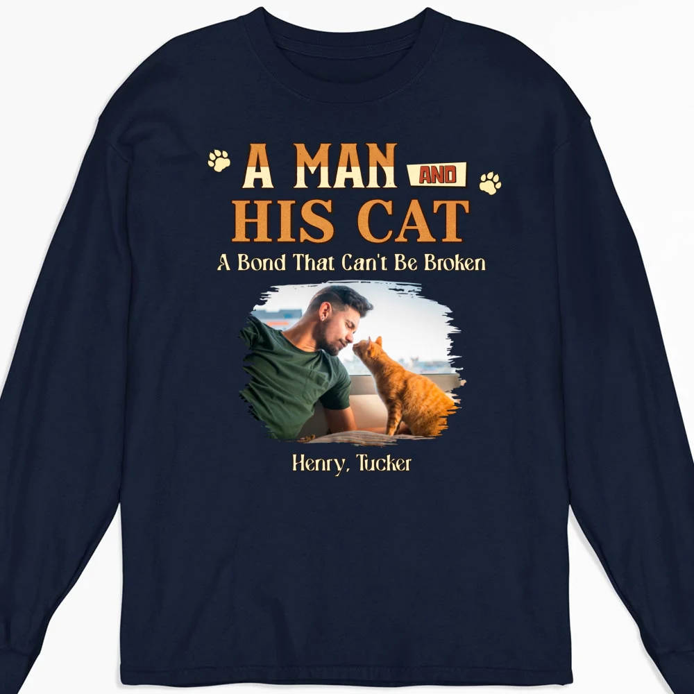 A Man With His Cat Photo - Personalized Custom Long Sleeve T-shirt - Image 4