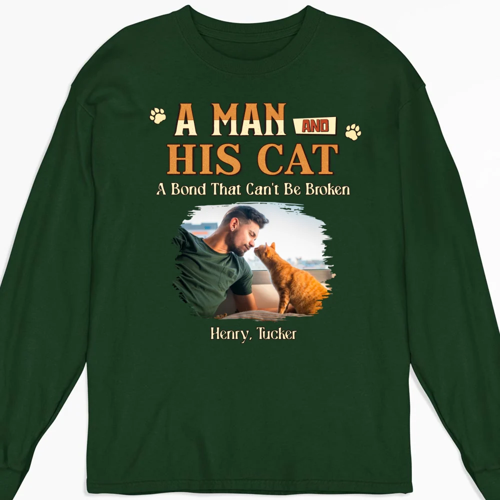 A Man With His Cat Photo - Personalized Custom Long Sleeve T-shirt - Image 5