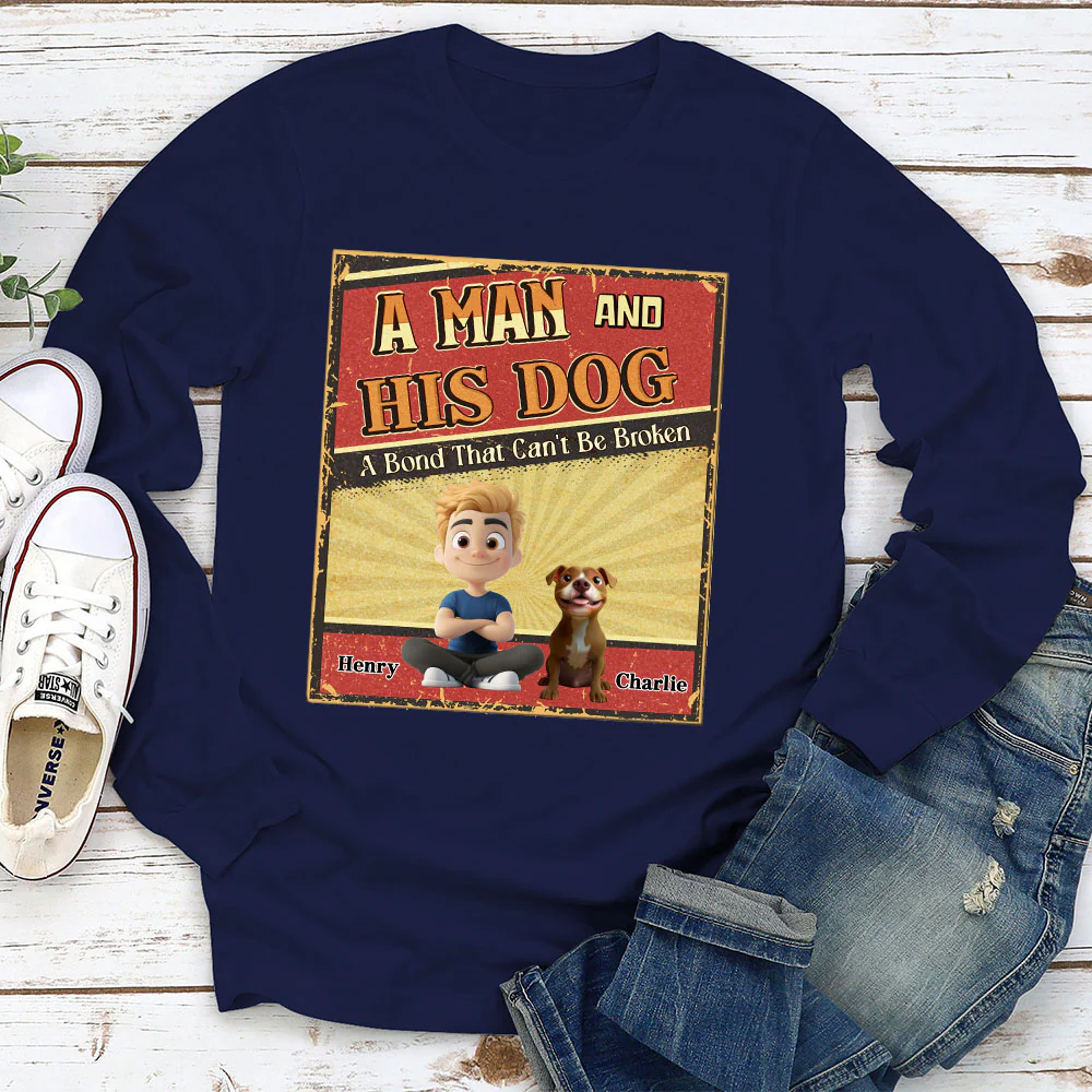 A Man With His Dog Cartoon - Personalized Custom Long Sleeve T-Shirt - Image 2