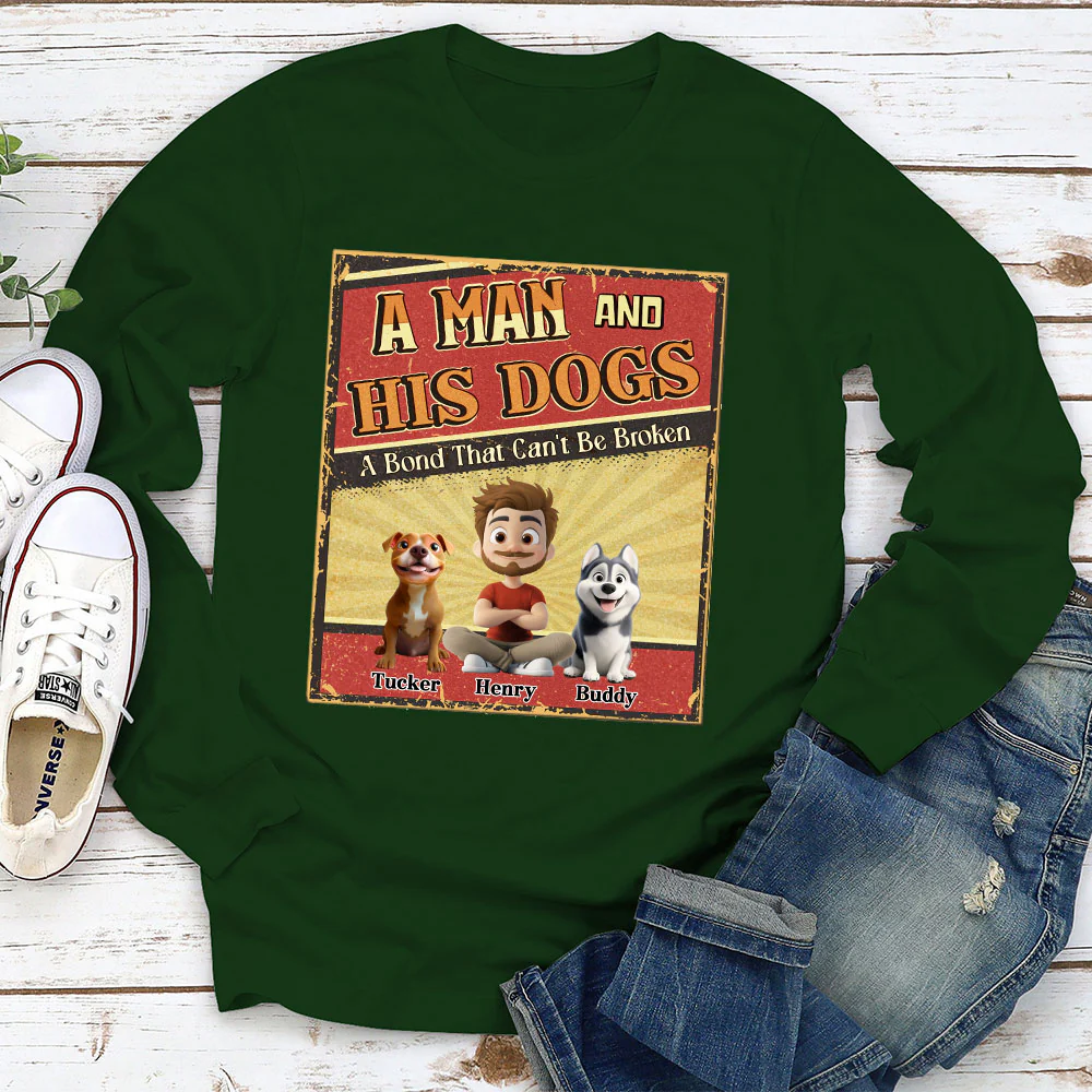 A Man With His Dog Cartoon - Personalized Custom Long Sleeve T-Shirt - Image 3