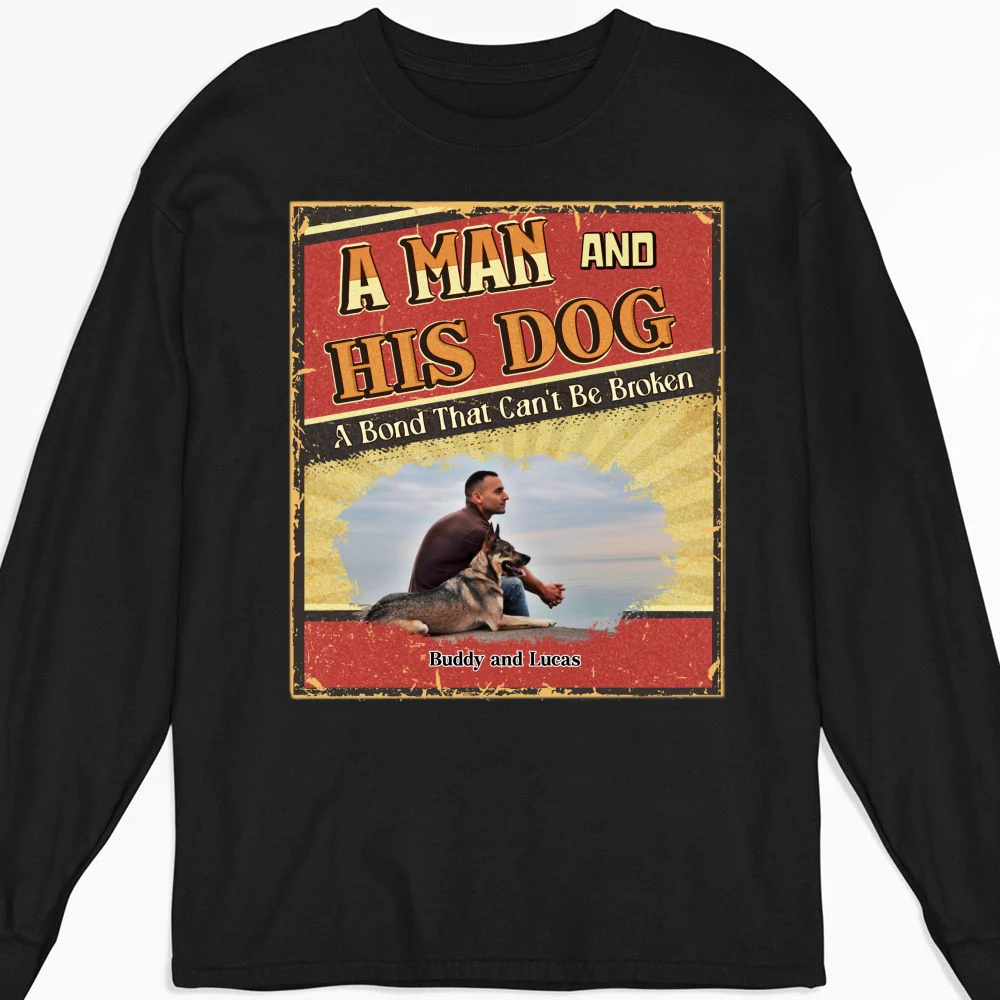 A Man With His Dog Cartoon Photo - Personalized Custom Long Sleeve T-Shirt - Image 3