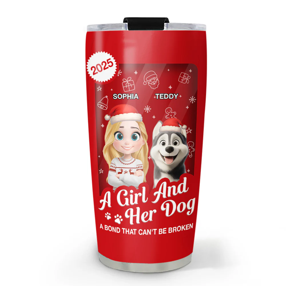 A Woman And Her Dog Cartoon Christmas - Personalized Custom Tumbler