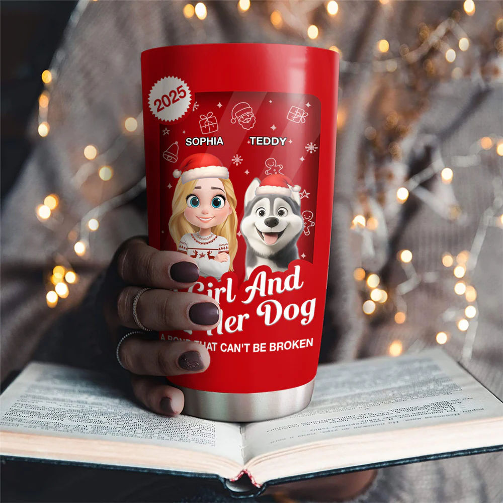 A Woman And Her Dog Cartoon Christmas - Personalized Custom Tumbler - Image 2