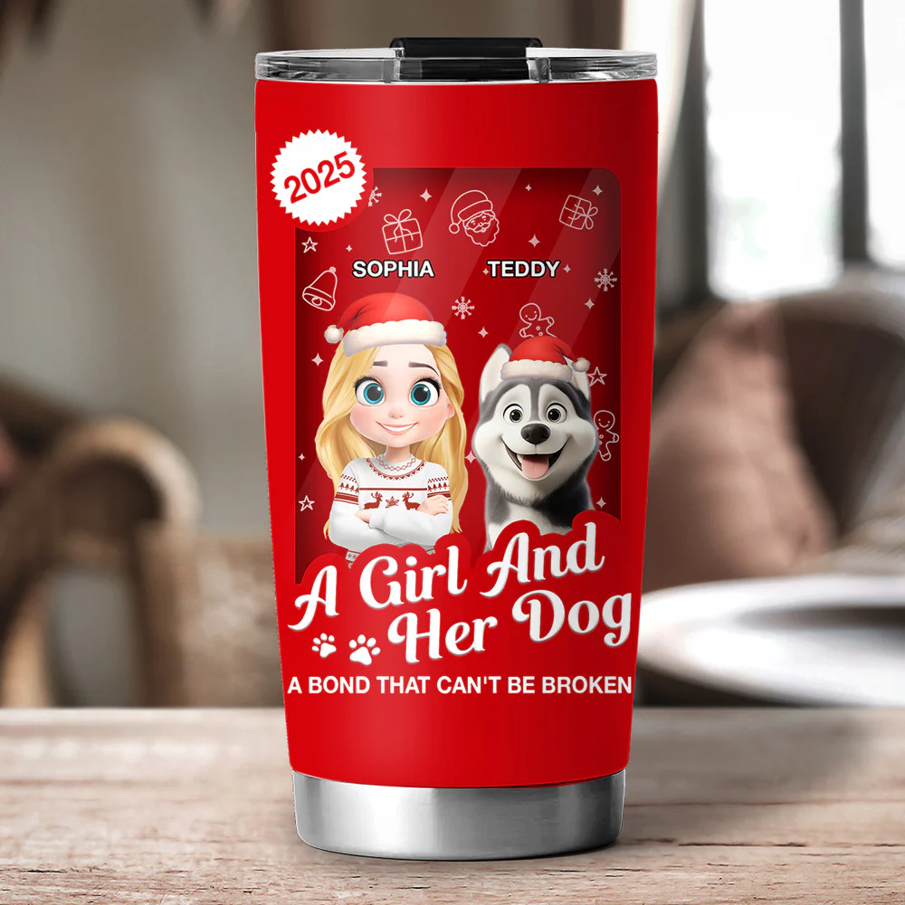 A Woman And Her Dog Cartoon Christmas - Personalized Custom Tumbler - Image 3