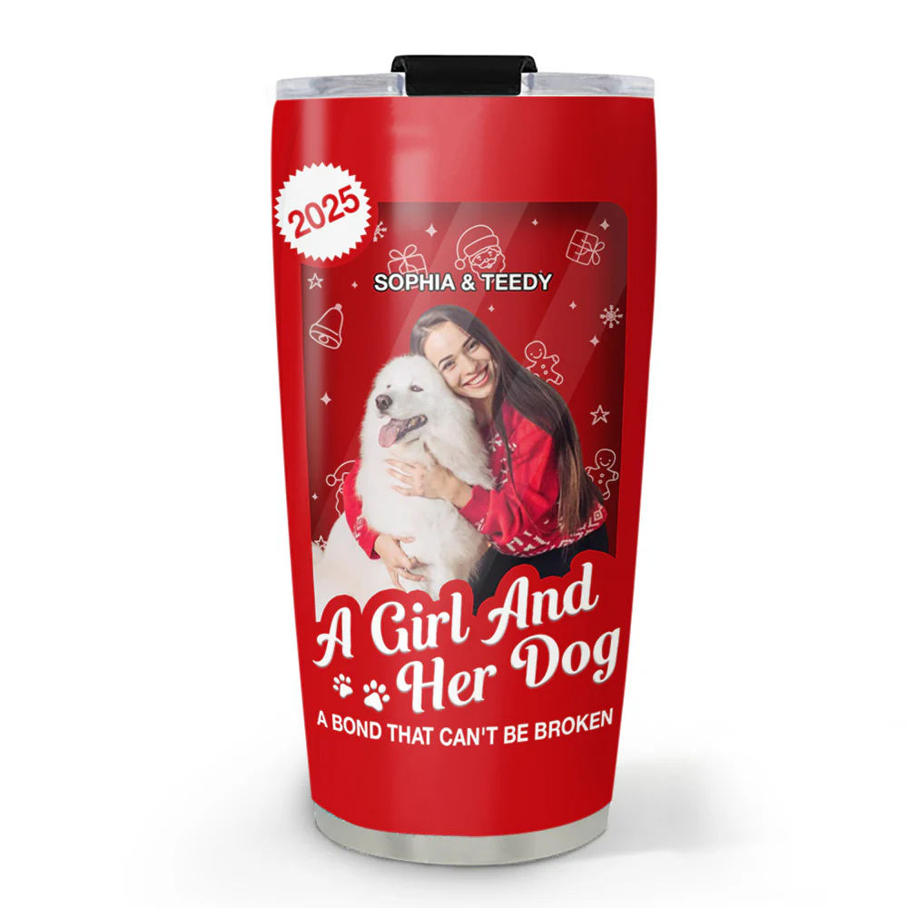 A Woman And Her Dog Cartoon Christmas Photo - Personalized Custom Tumbler