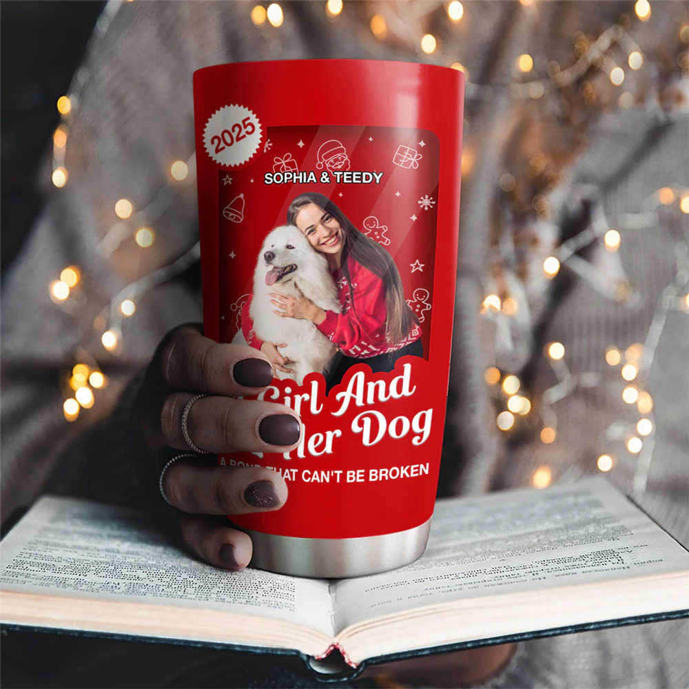 A Woman And Her Dog Cartoon Christmas Photo - Personalized Custom Tumbler - Image 2