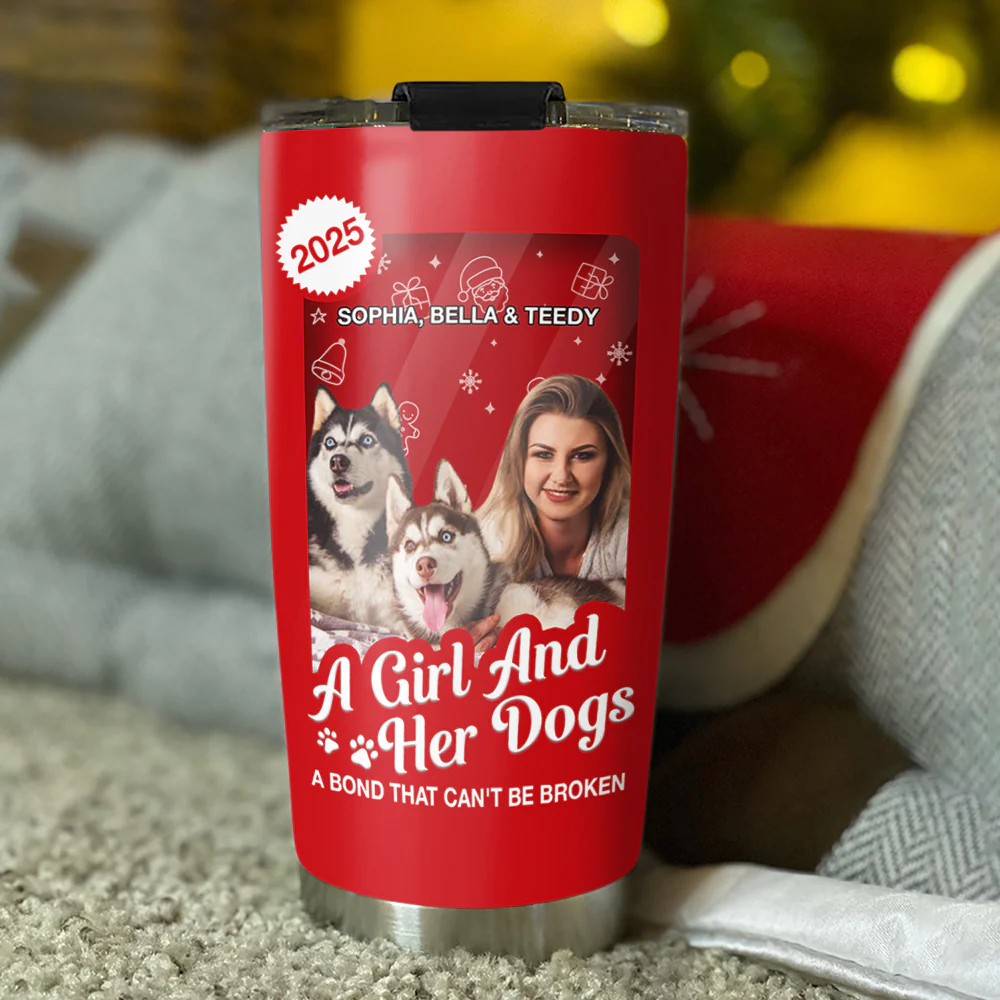 A Woman And Her Dog Cartoon Christmas Photo - Personalized Custom Tumbler - Image 3