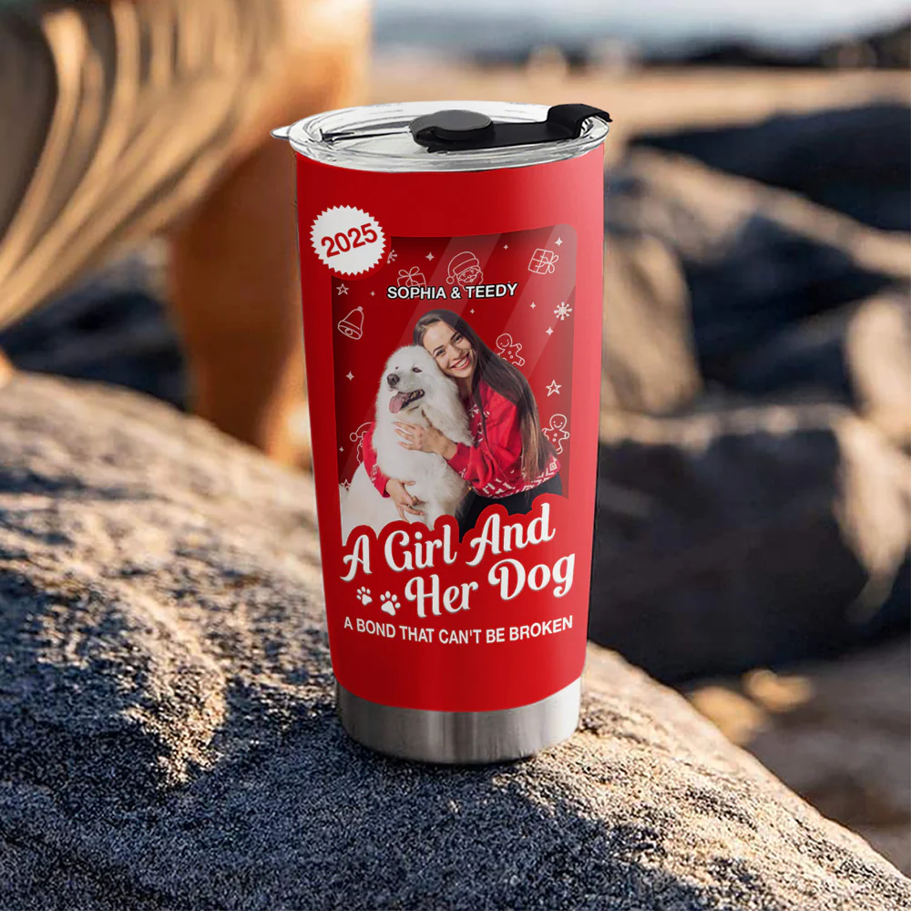 A Woman And Her Dog Cartoon Christmas Photo - Personalized Custom Tumbler - Image 4