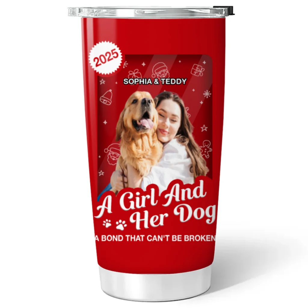 A Woman And Her Dog Cartoon Christmas Photo - Personalized Custom Tumbler - Image 5