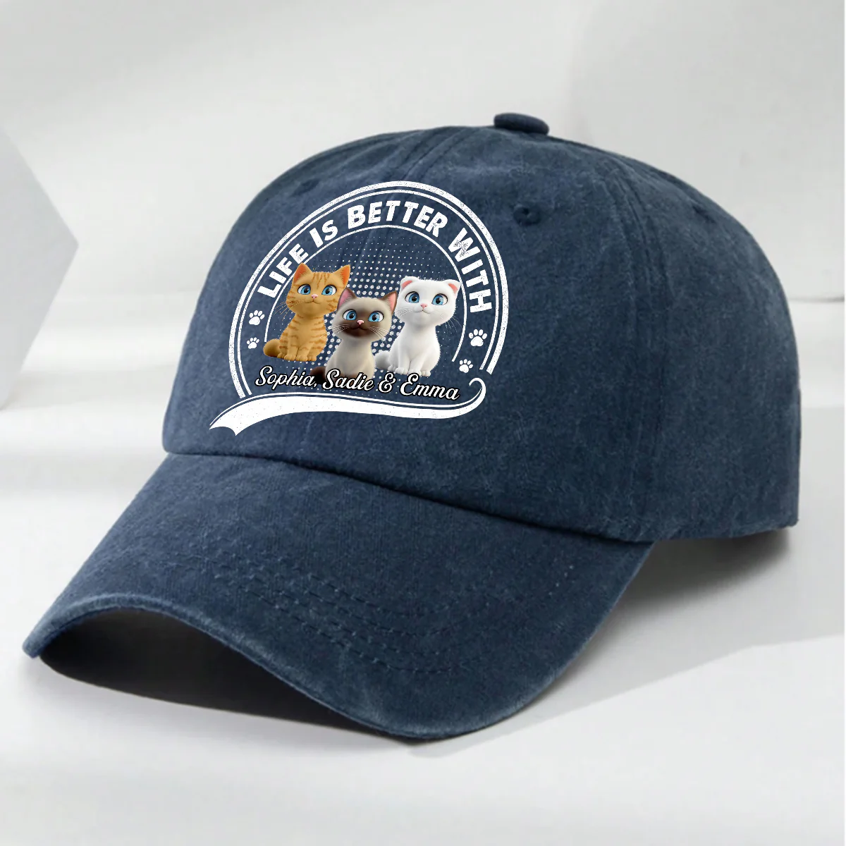 Belongs To Cats - Personalized Custom Vintage Washed Denim Cap - Image 3