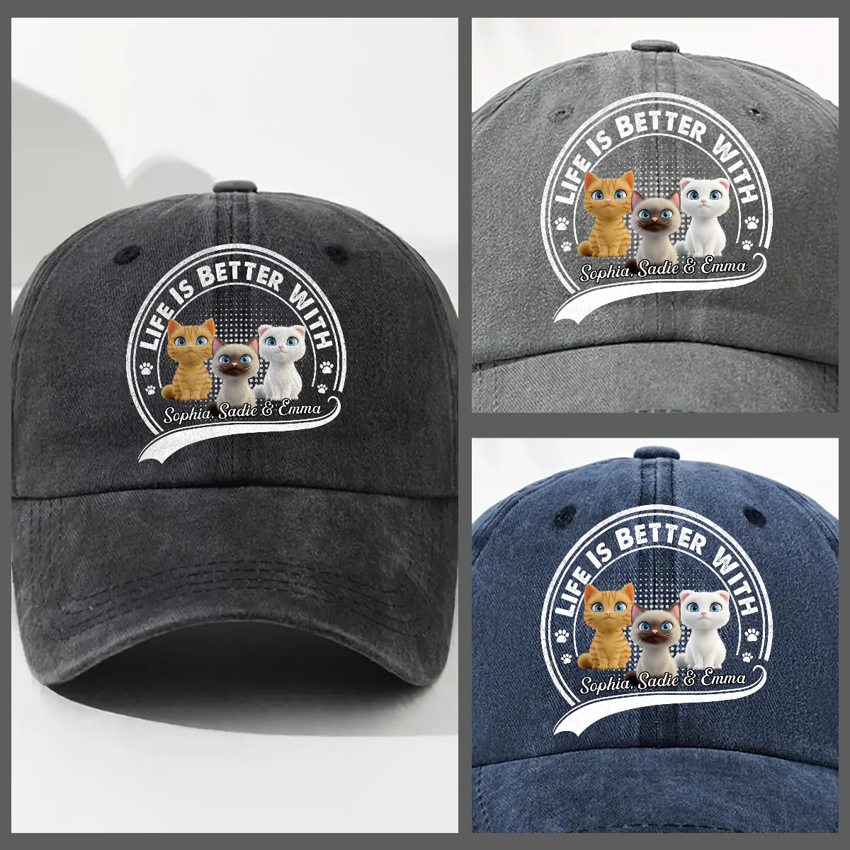 Belongs To Cats - Personalized Custom Vintage Washed Denim Cap - Image 4