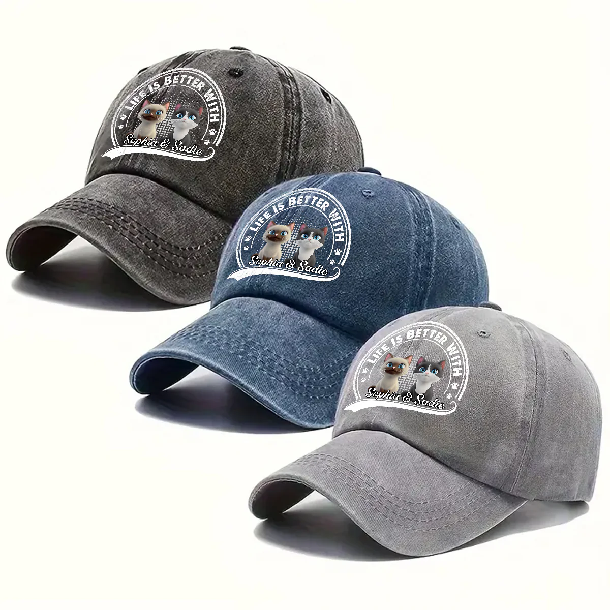 Belongs To Cats - Personalized Custom Vintage Washed Denim Cap - Image 5