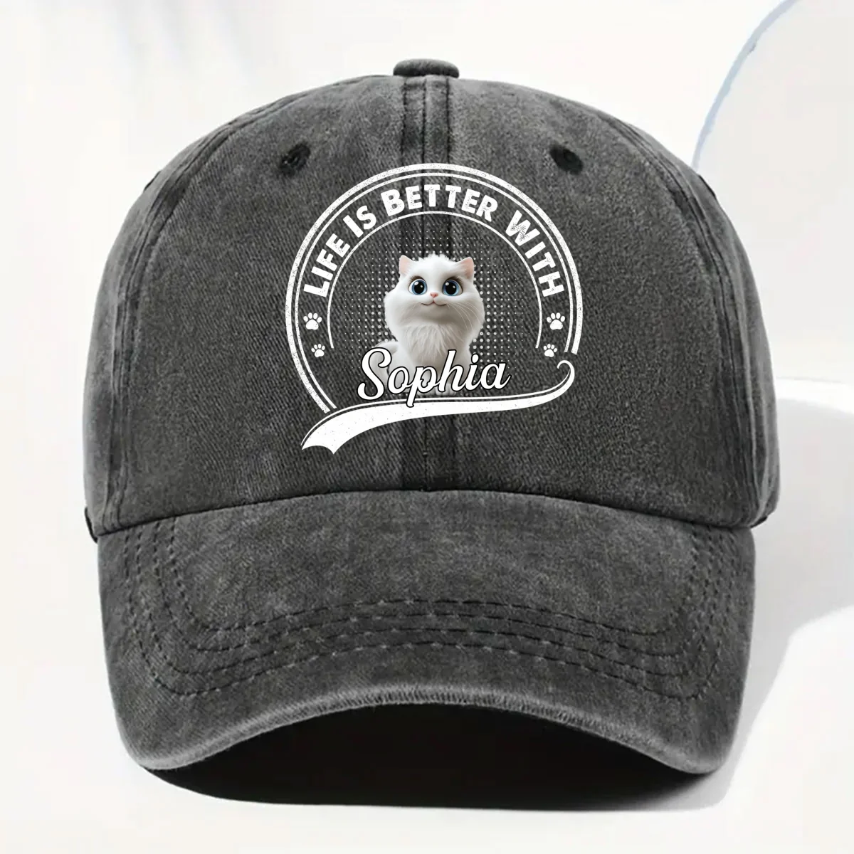 Belongs To Cats - Personalized Custom Vintage Washed Denim Cap - Image 7