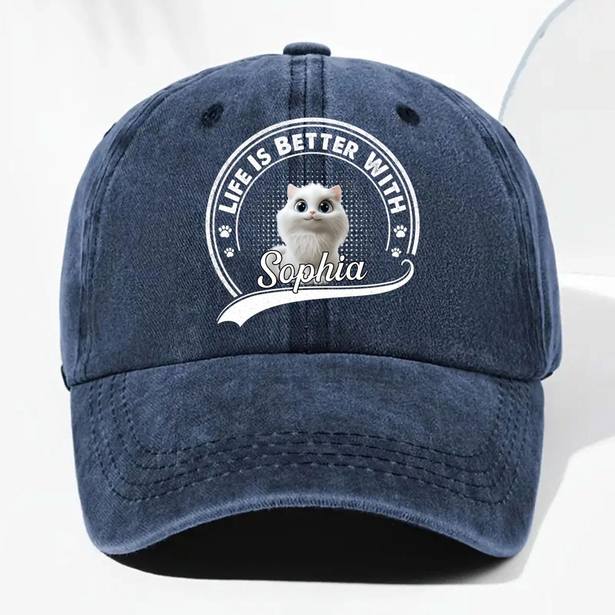 Belongs To Cats - Personalized Custom Vintage Washed Denim Cap - Image 9
