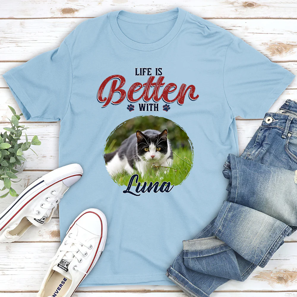 Better Life With My Cat Photo - Personalized Custom Unisex T-shirt - Image 3