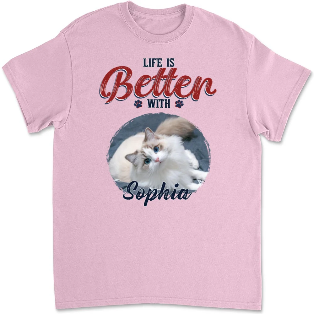 Better Life With My Cat Photo - Personalized Custom Unisex T-shirt - Image 7
