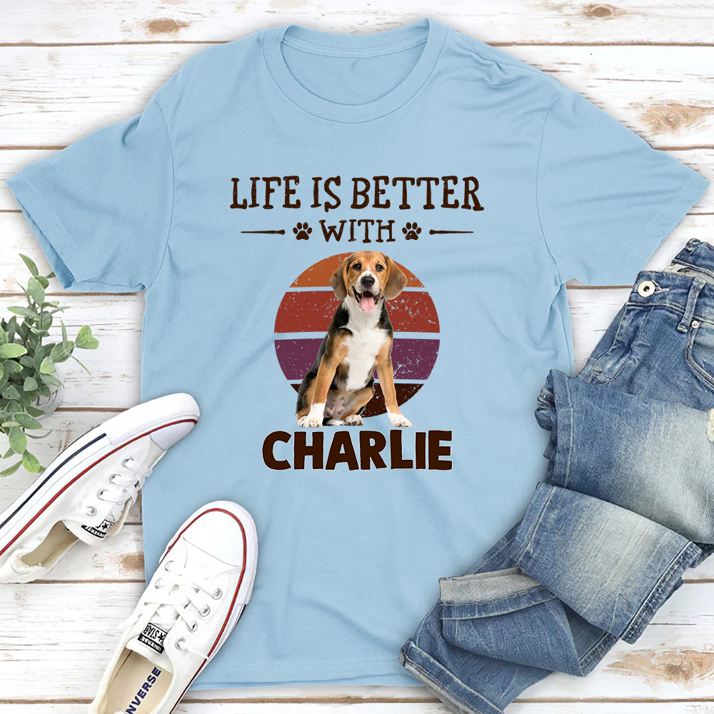 Better Life With My Dog Cartoon Photo - Personalized Custom Unisex T-Shirt - Image 3