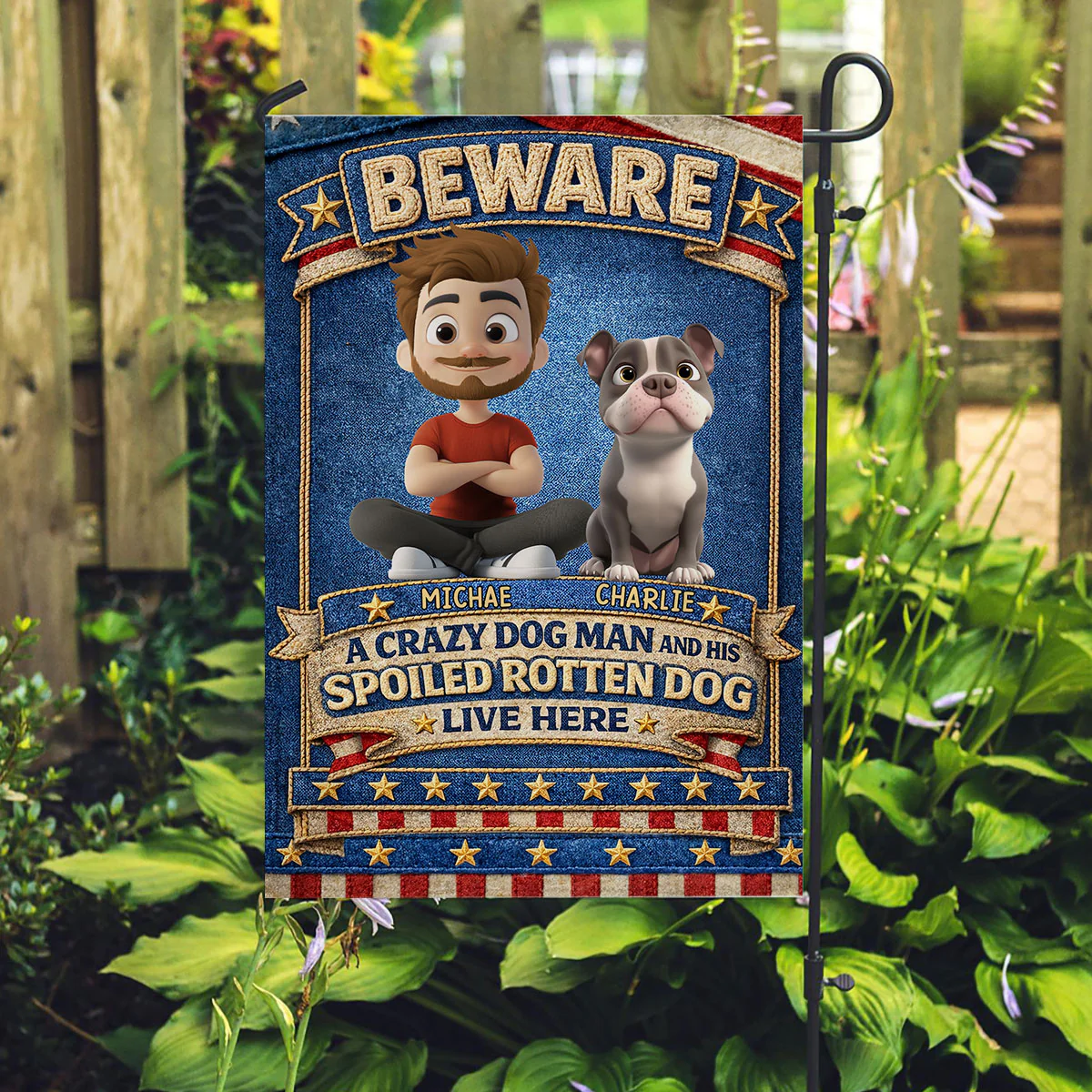 Beware Of Human And American Dog - Personalized Custom Flag - Image 2
