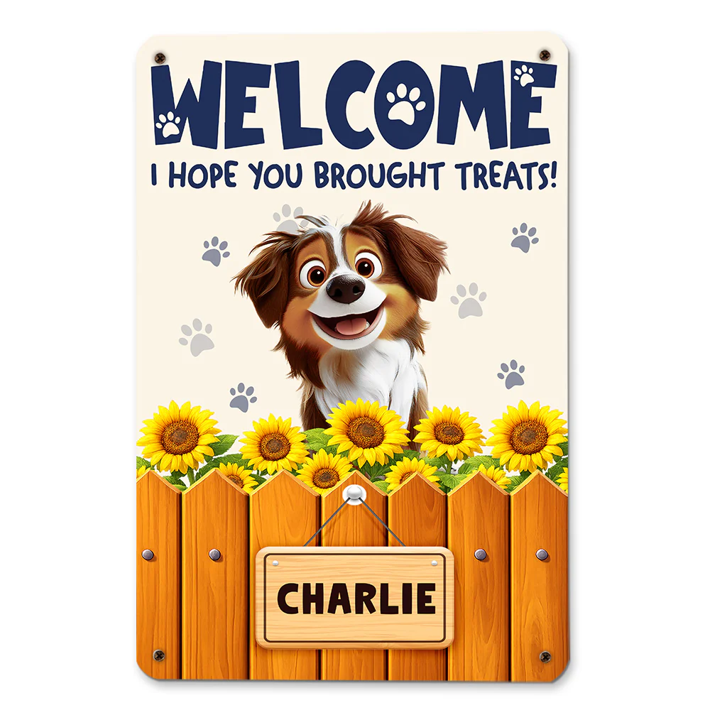 Cartoon Dog Hopes You Bring Treats - Personalized Custom Metal Sign