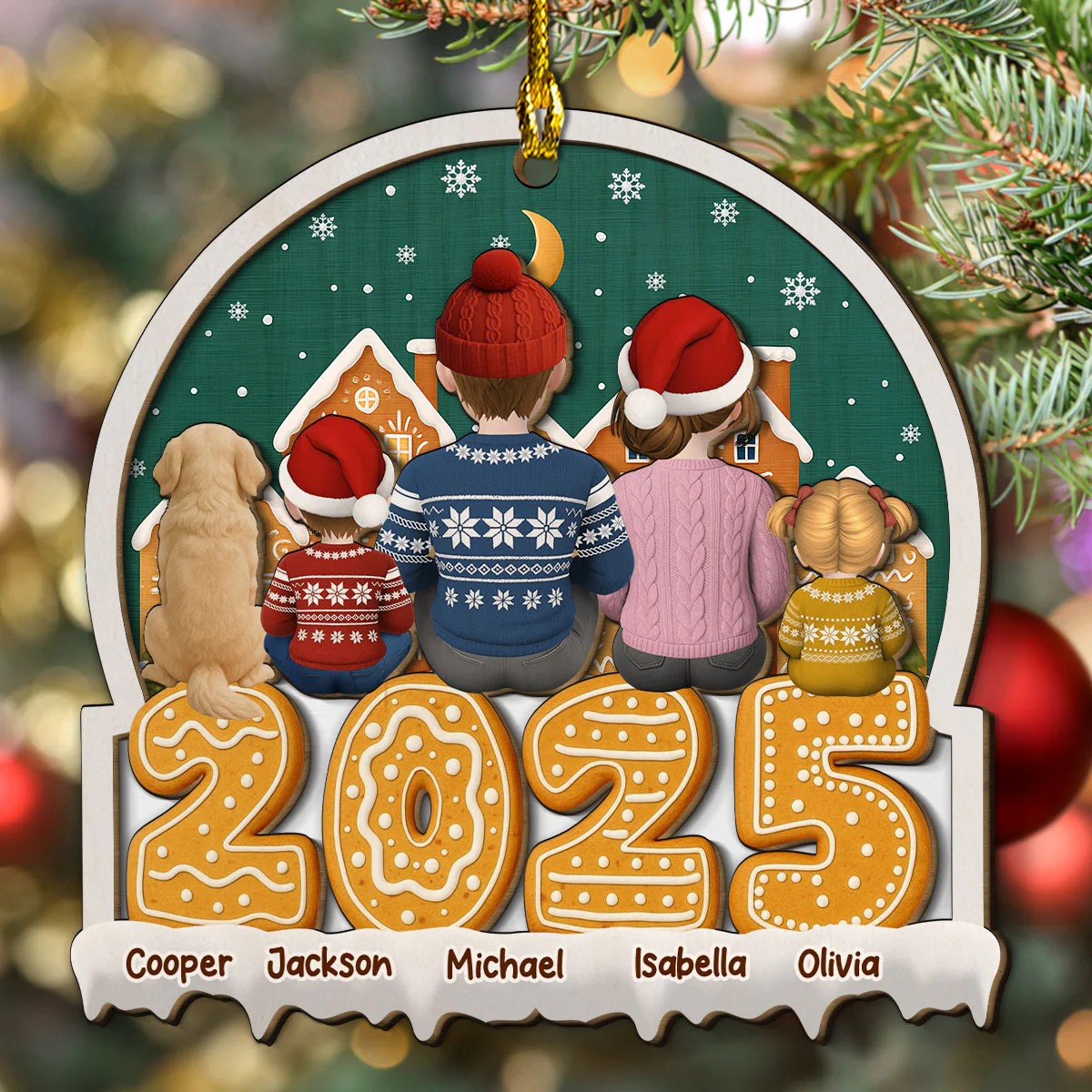 Cartoon Family And Pet Gingerbread Cookies - Personalized Custom 2-layered Wood Ornament - Image 3