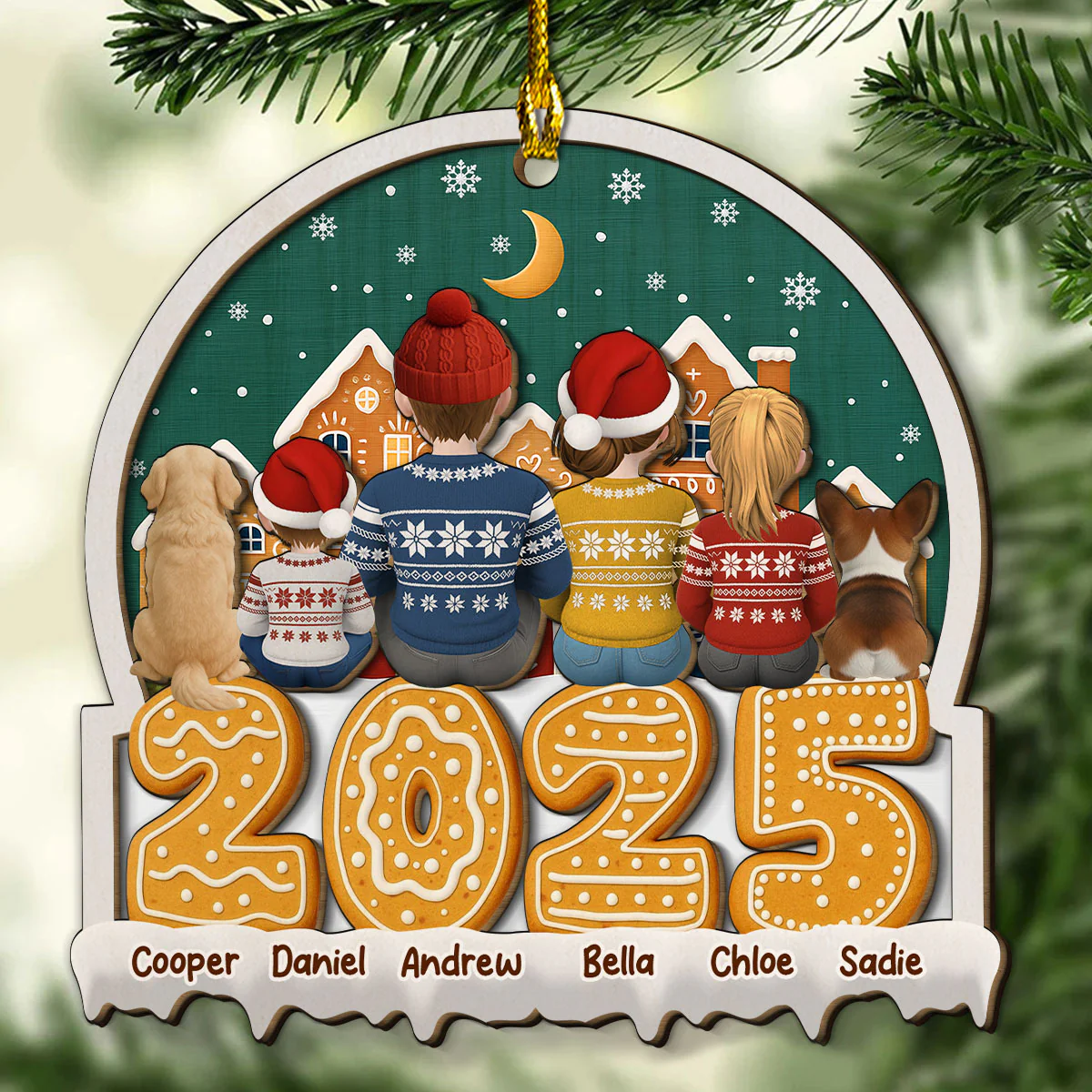 Cartoon Family And Pet Gingerbread Cookies - Personalized Custom 2-layered Wood Ornament - Image 4