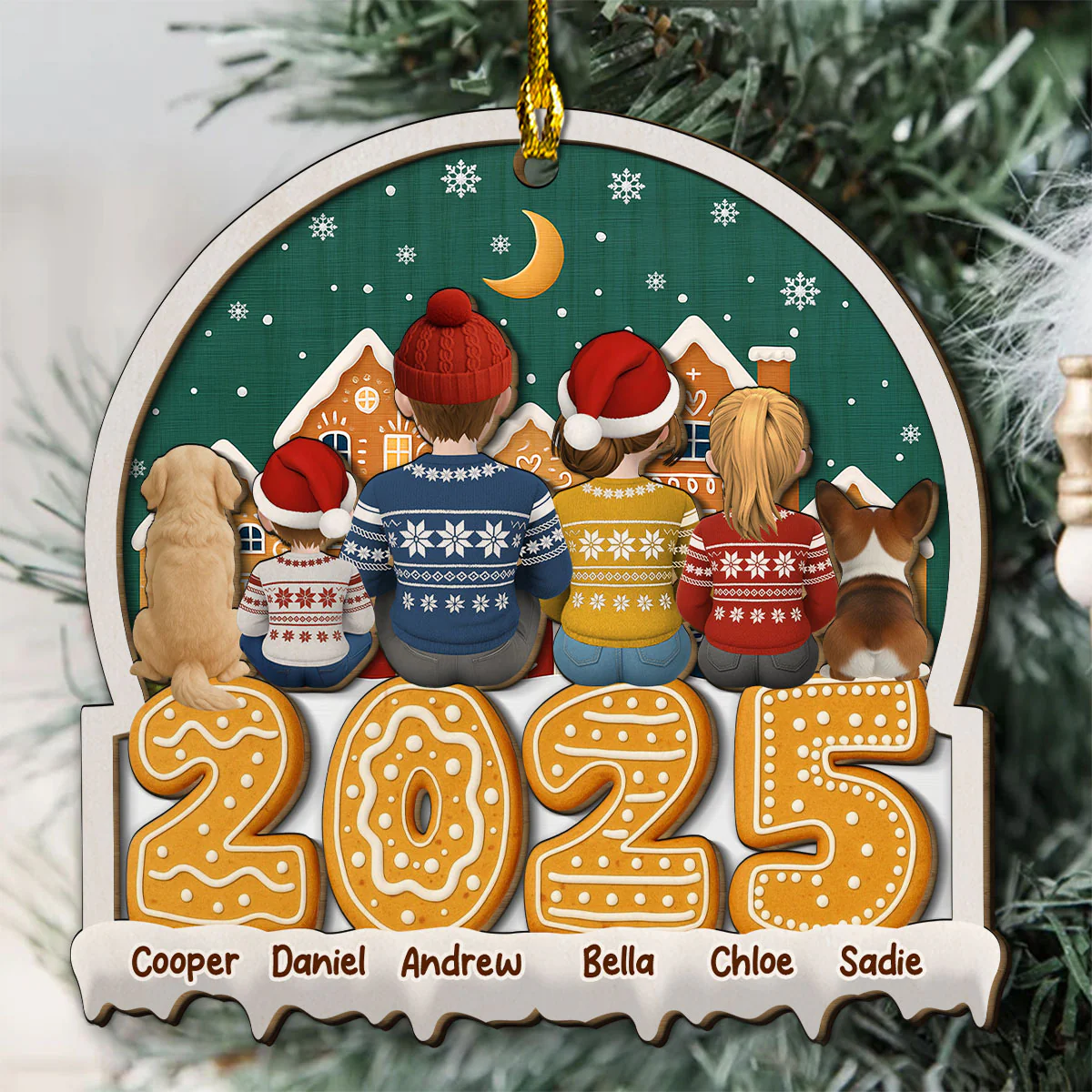 Cartoon Family And Pet Gingerbread Cookies - Personalized Custom 2-layered Wood Ornament - Image 5
