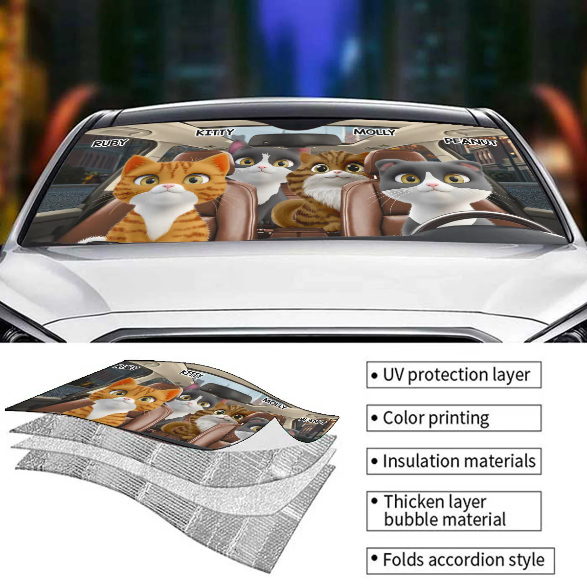 Cat Drives Car - Personalized Custom Car Sunshade - Image 4