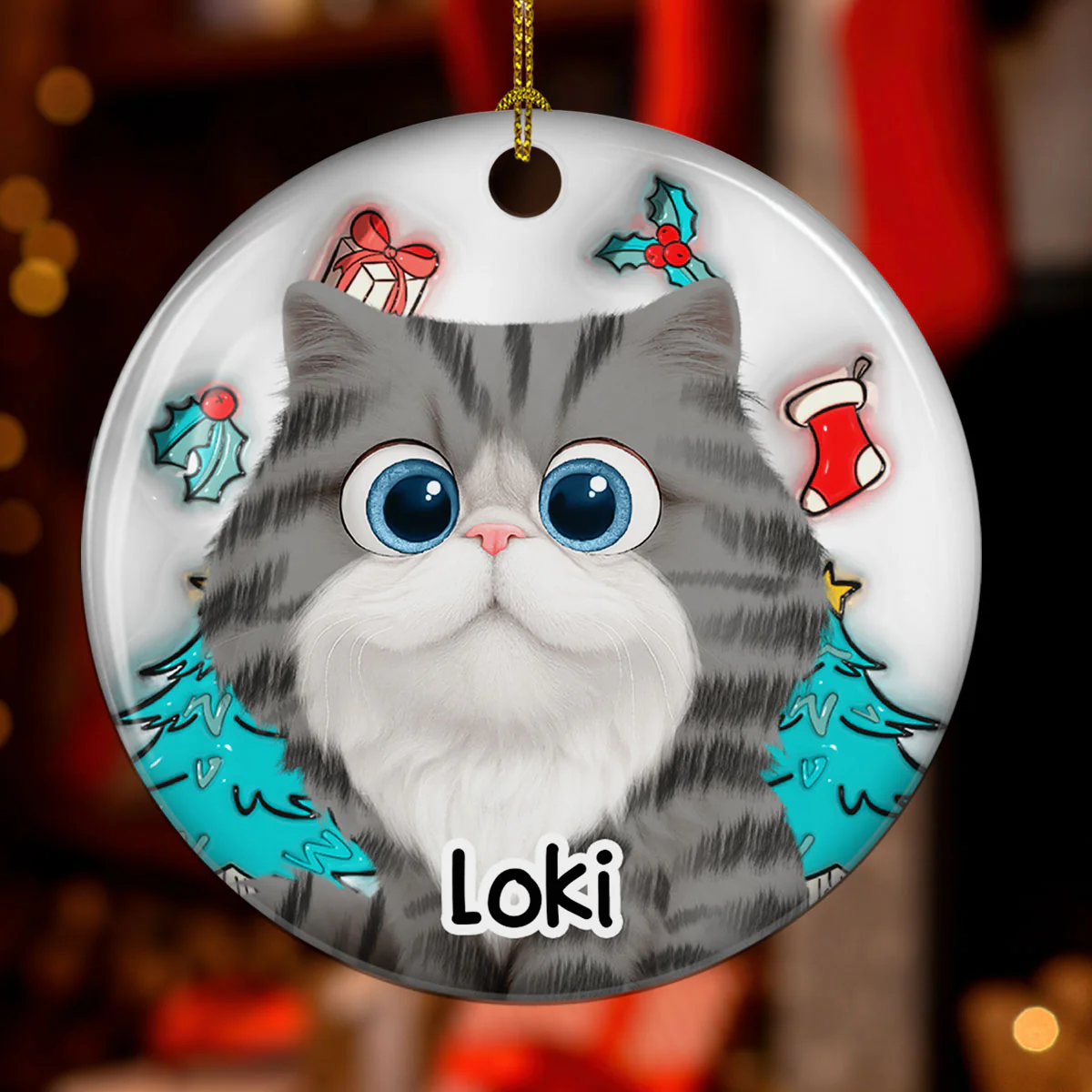 Cat Is Santa - Personalized Custom 3D Inflated Effect Ceramic Ornament - Image 2