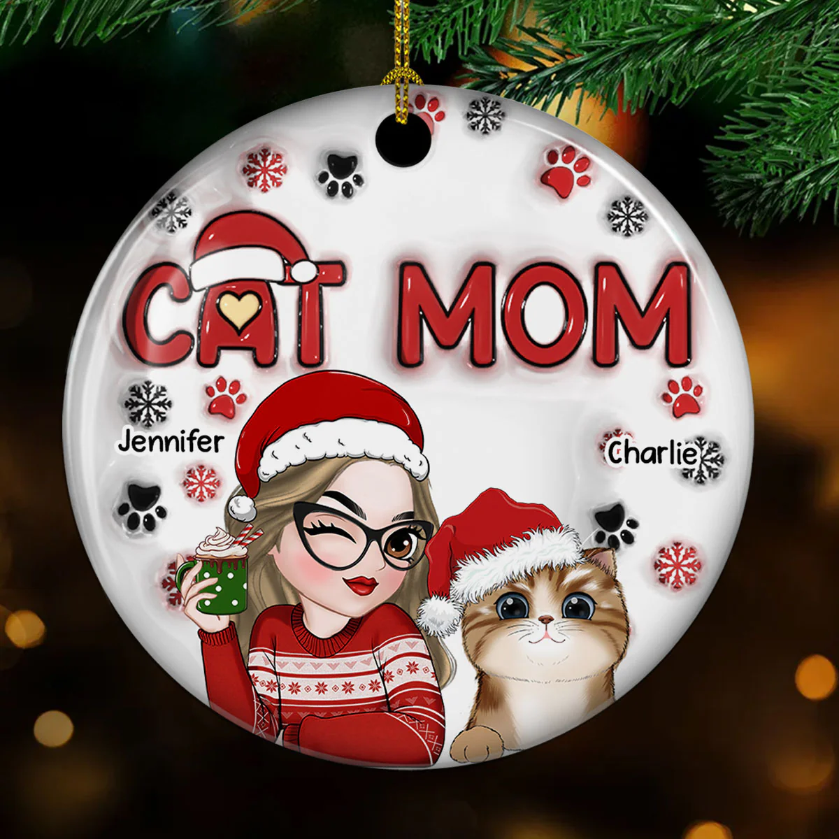 Cat Mom Christmas - Personalized Custom 3D Inflated Effect Ceramic Ornament