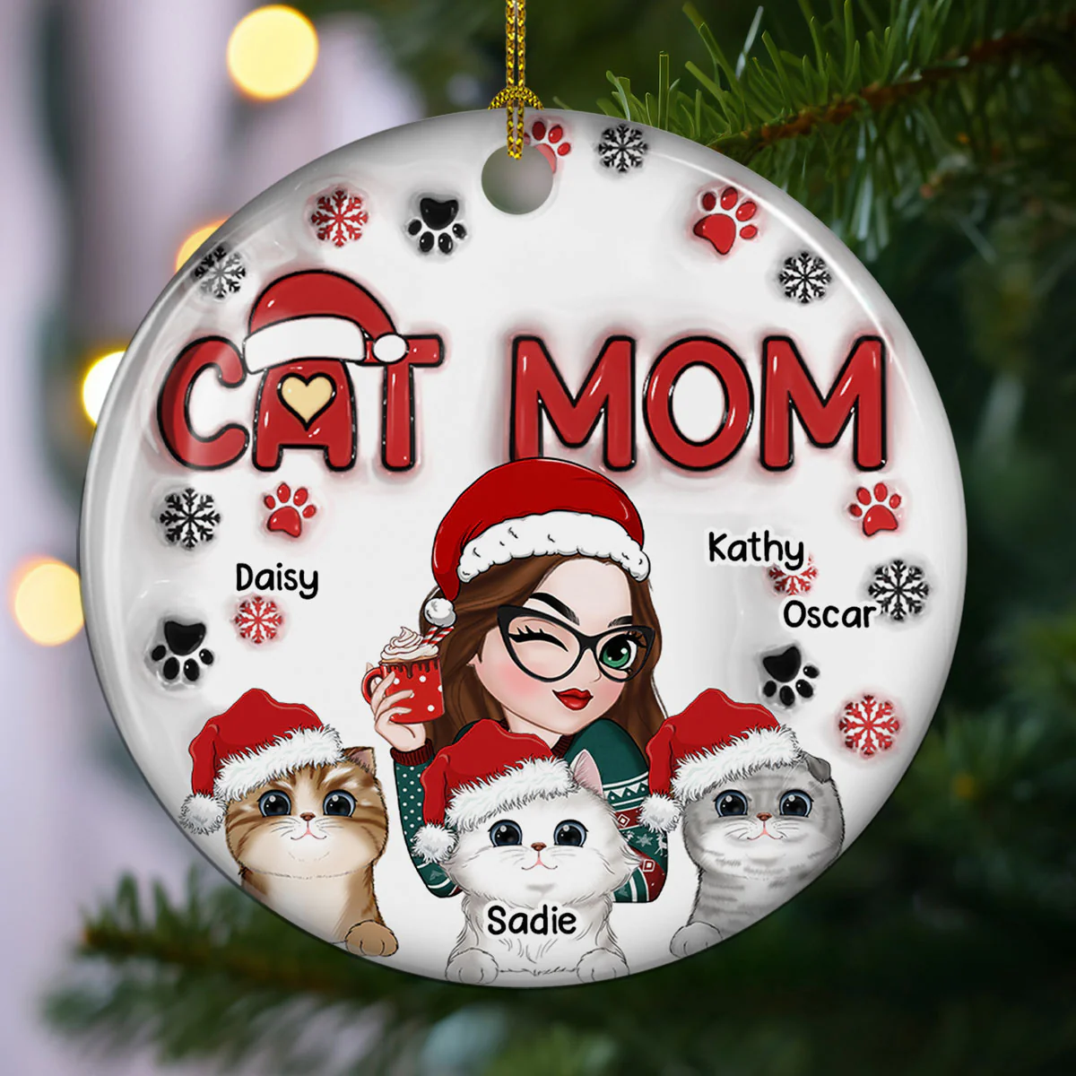 Cat Mom Christmas - Personalized Custom 3D Inflated Effect Ceramic Ornament - Image 3