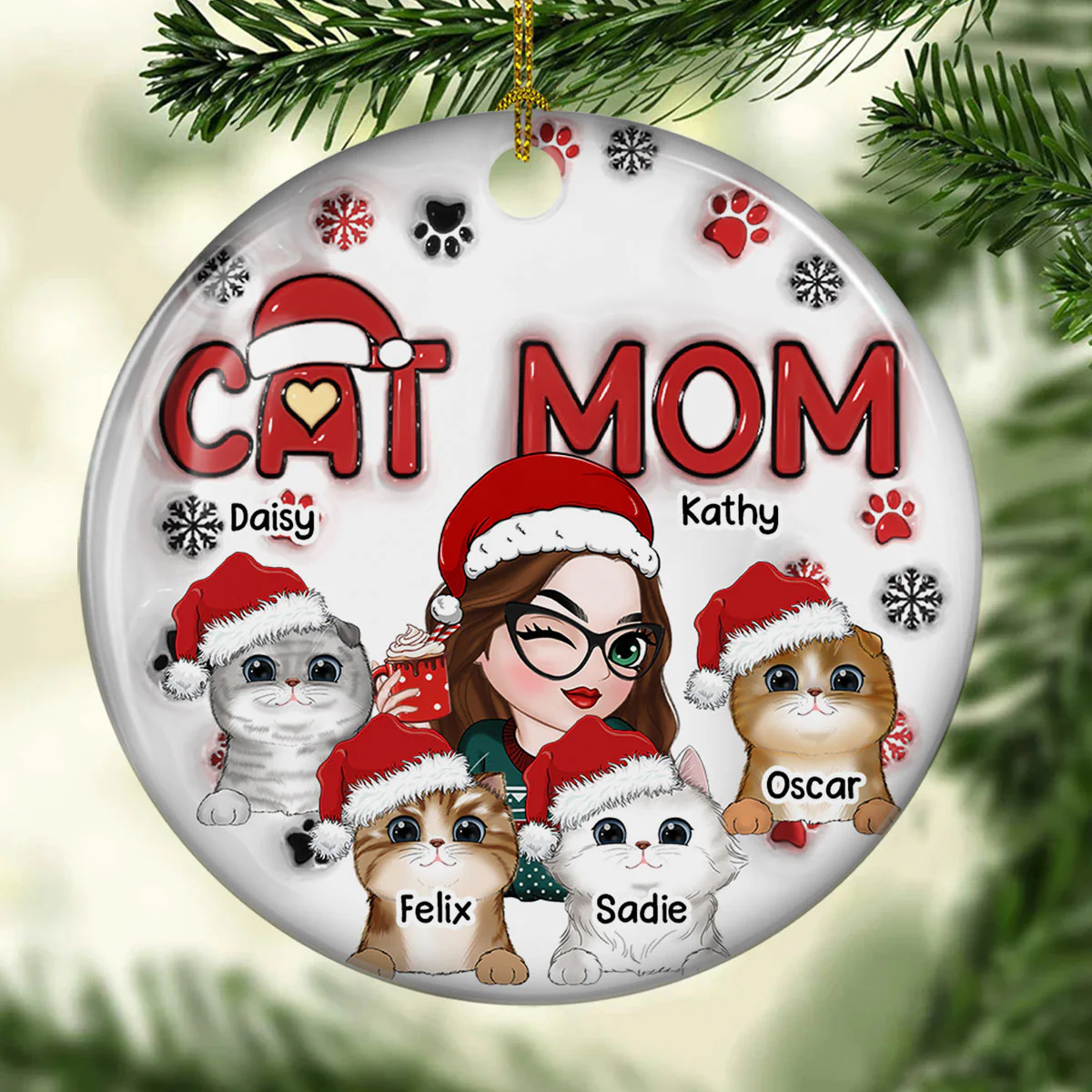 Cat Mom Christmas - Personalized Custom 3D Inflated Effect Ceramic Ornament - Image 4