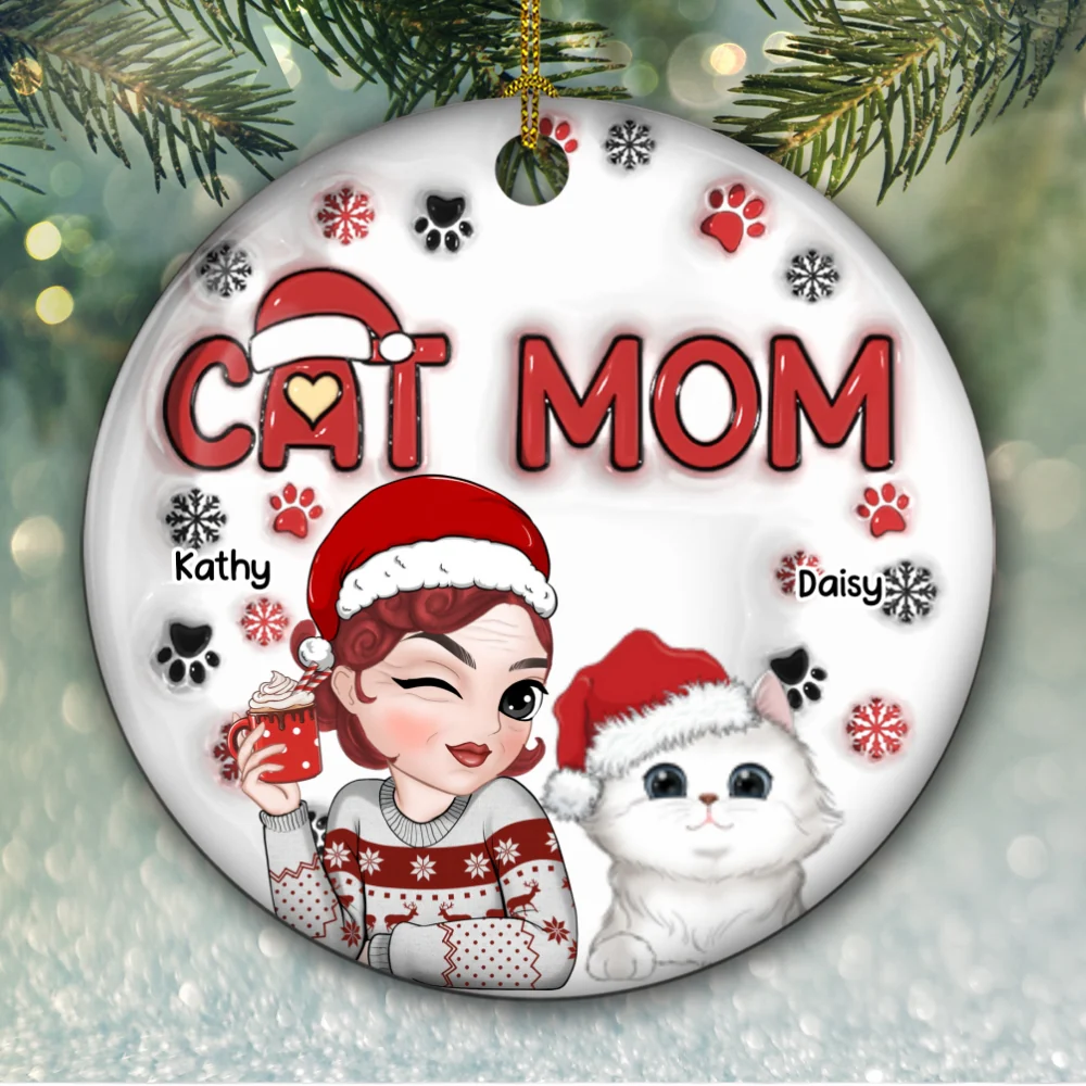 Cat Mom Christmas - Personalized Custom 3D Inflated Effect Ceramic Ornament - Image 5