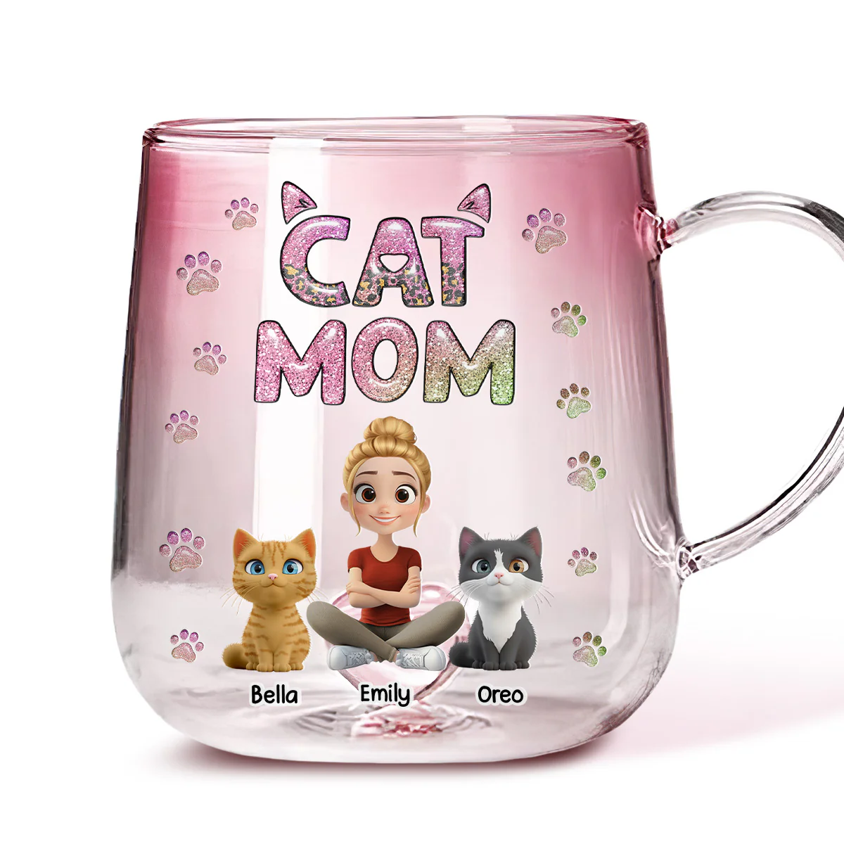 Cat Mom Lovely Chibi - Personalized Custom Pink Gradient Glass Mug